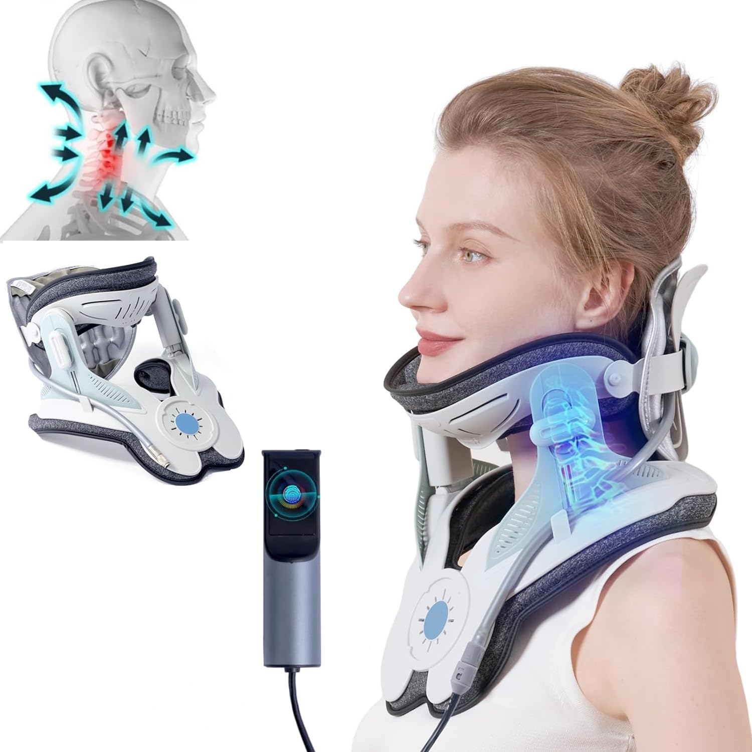 Cervical Neck Traction Devices for Home Use, Adjustable Air Pump Inflatable Cervical Neck Stretcher, Cerviflex Electric Device for Neck Pain & Shoulder Relief, Cervical Traction Device (White)