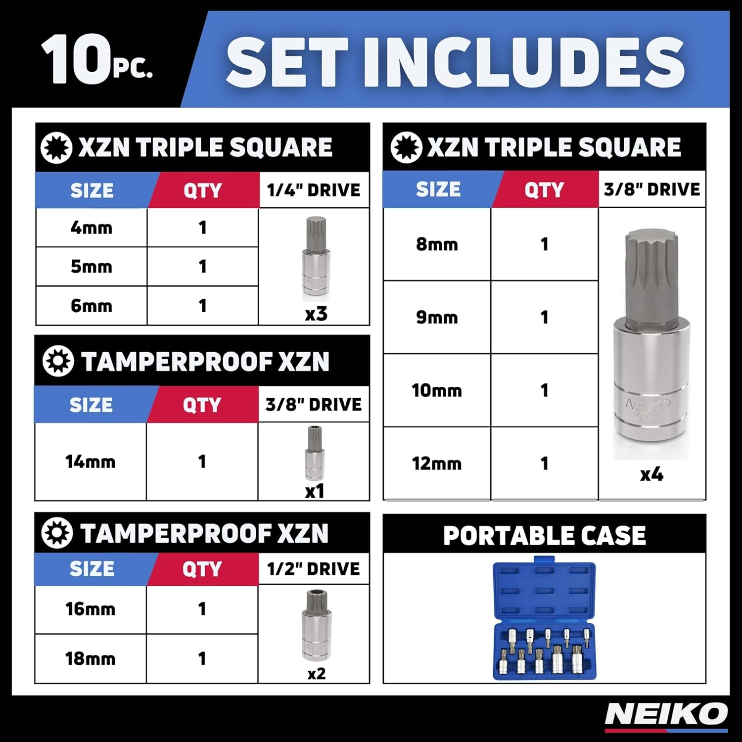 Neiko 10056A XZN Triple Square Spline Bit Socket Set, S2 Steel | 10-Piece Set Metric 4Mm &ndash; 18Mm image number 1