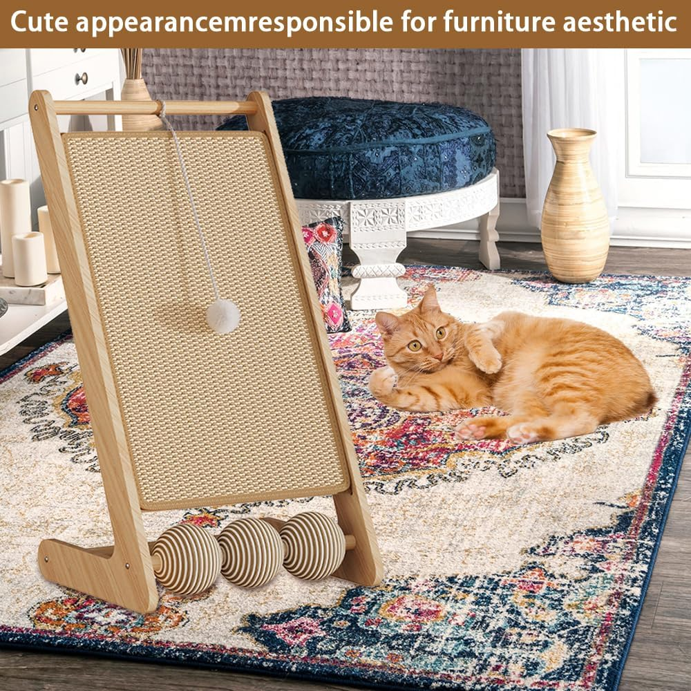 L-Shaped Standing Cat Scratcher with Toy Ball, Durable Natural Sisal & Solid Wood, Vertical Cat Scratching Board, Modern & Space-Saving Cat Furniture, Suitable for Indoor Cats Small Pets image number 5