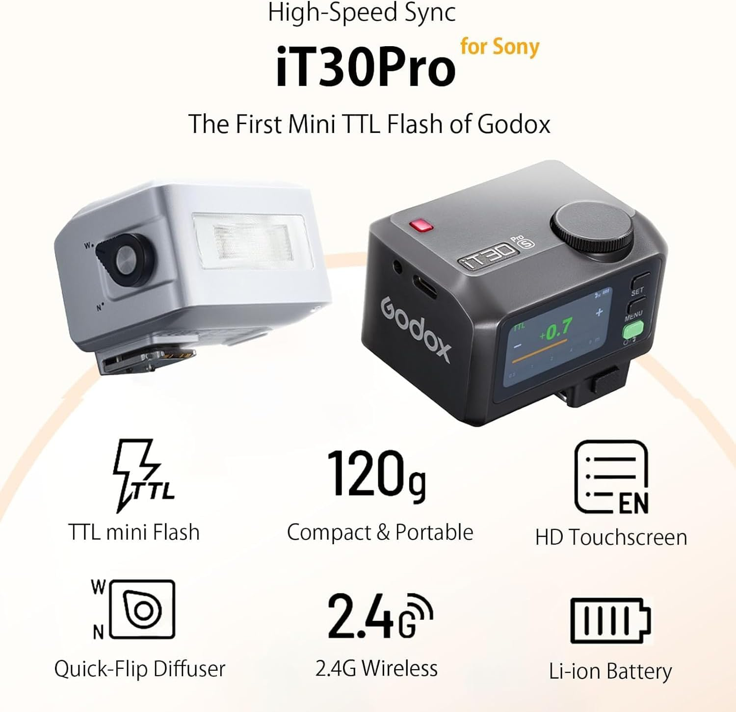 Godox It30Pro S TTL Mini Flash for Sony Camera, Godox It30 Pro S 2.4G HSS 1/8000S TTL Wireless Flash Compatible with Sony A7III A7IV A7R A7S A7 A7-II A7-III A7R-II A7R-III A6400 A6300 A6000 (Black) - Silver image number 4