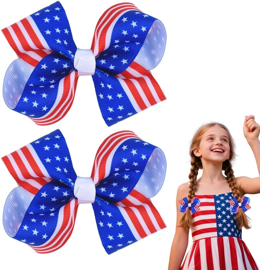 Fourth of July Hair Bow Clips USA American Flag Hair Pins Accessories Red White Blue Stars Stripes Bow-Knot Ribbon Barrette Patriotic Independence Day 4Th of July Headpiece Headwear Outfit 2 PCS image number 6