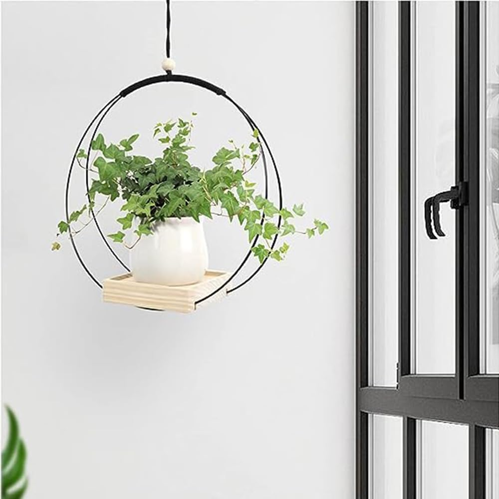 Hanging Planter with Wood Base, Modern Macrame Plant Hanger for Indoor Outdoor Wall Ceiling Window Boho Home Decoration, Black(Planter/Plants Not Included)