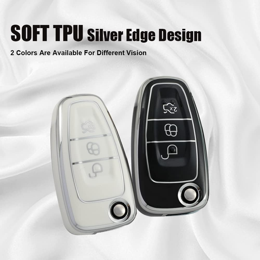 HIBEYO Flip 3 Button Key Fob Cover Compatible with Ford Focus 3 4 MK3 New Fiesta Mondeo Kuga Escape Ecosport Transit - Leather Keychain Black image number 1