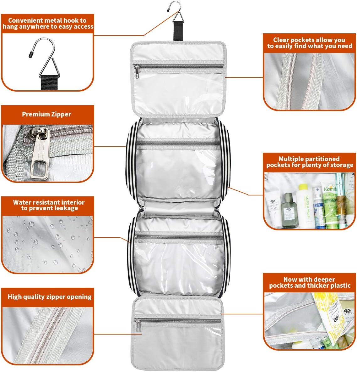 Hanging Travel Toiletry Bag,Large Capacity Cosmetic Travel Toiletry Organizer for Women with 4 Compartments & 1 Sturdy Hook,Perfect for Travel/Daily Use/Christmas