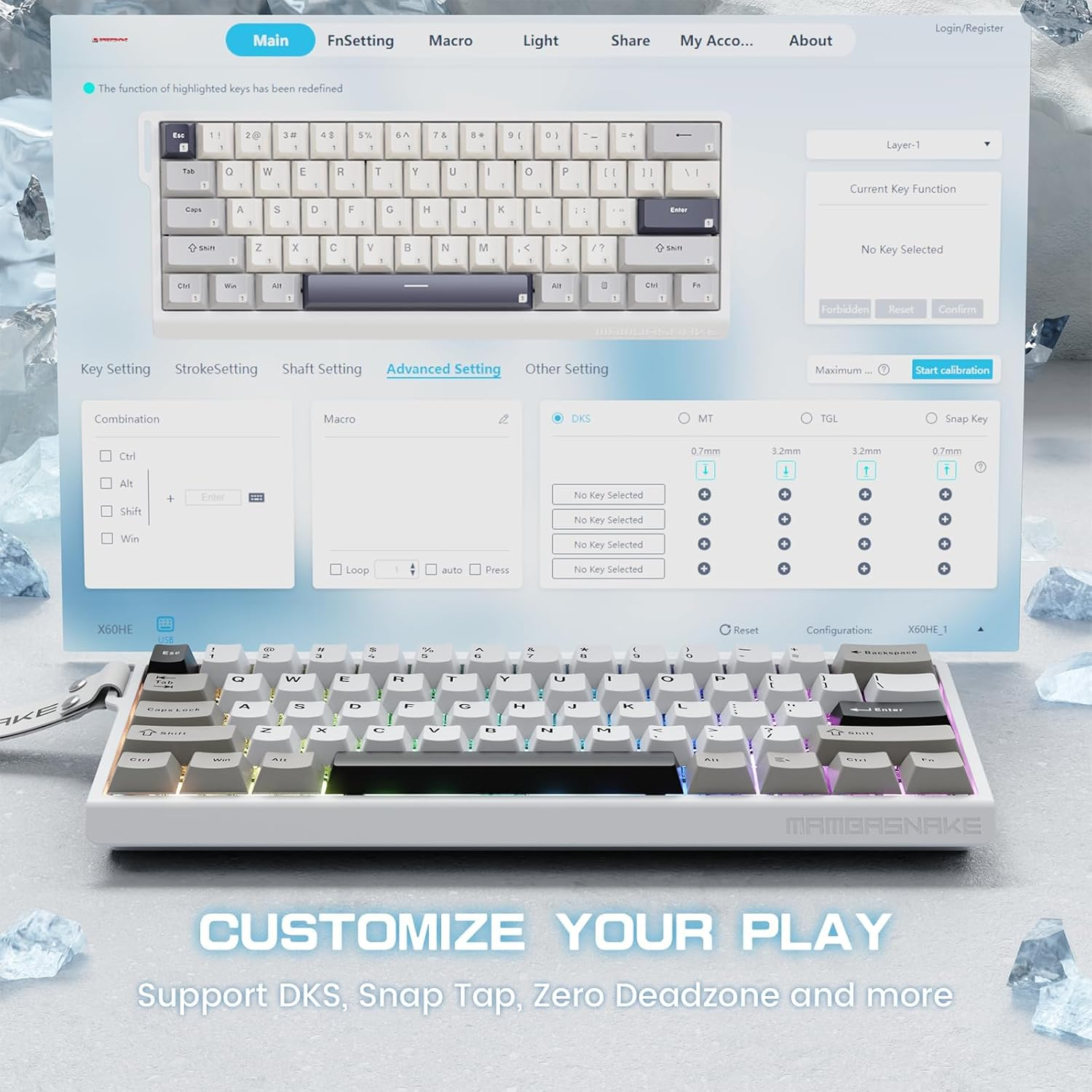 MAMBASNAKE X60 HE 60% Bt/2.4G/Wired Tri-Mode Gaming Keyboard Adjustable Actuation,Rapid Trigger Magnetic Switch Mechanical Keyboard,Rgb Backlit,8Khz Polling Rate with Coiled Cable for Pc/Mac-White image number 2