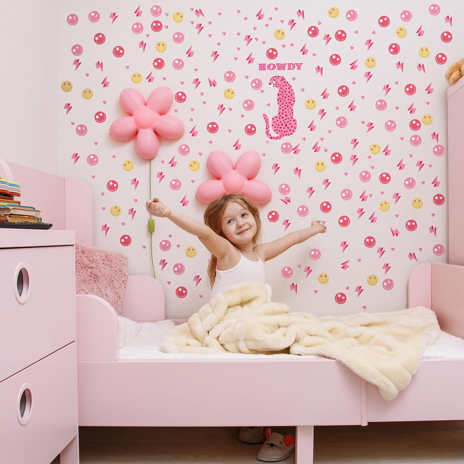 Kisston 9 Sheets Preppy Pink Wall Decal Hot Aesthetic Howdy Smile Face Lightning Vinyl Wall Decals Pink Cheetah Murals Decal for College Students Girls Pink Dorm Bedroom Living Room Nursery Decoration - Bright image number 4