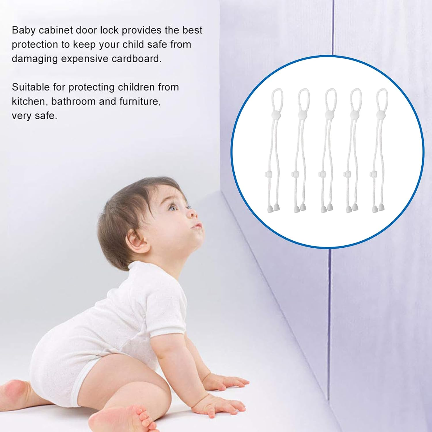 Baby Safety Cabinet Locks for Knobs - Upgraded Child Safety Cabinet Latches for Home Safety Strap for Baby Proofing Cabinets Kitchen Door RV No Drill No Screw No Adhesive 5 Pack White