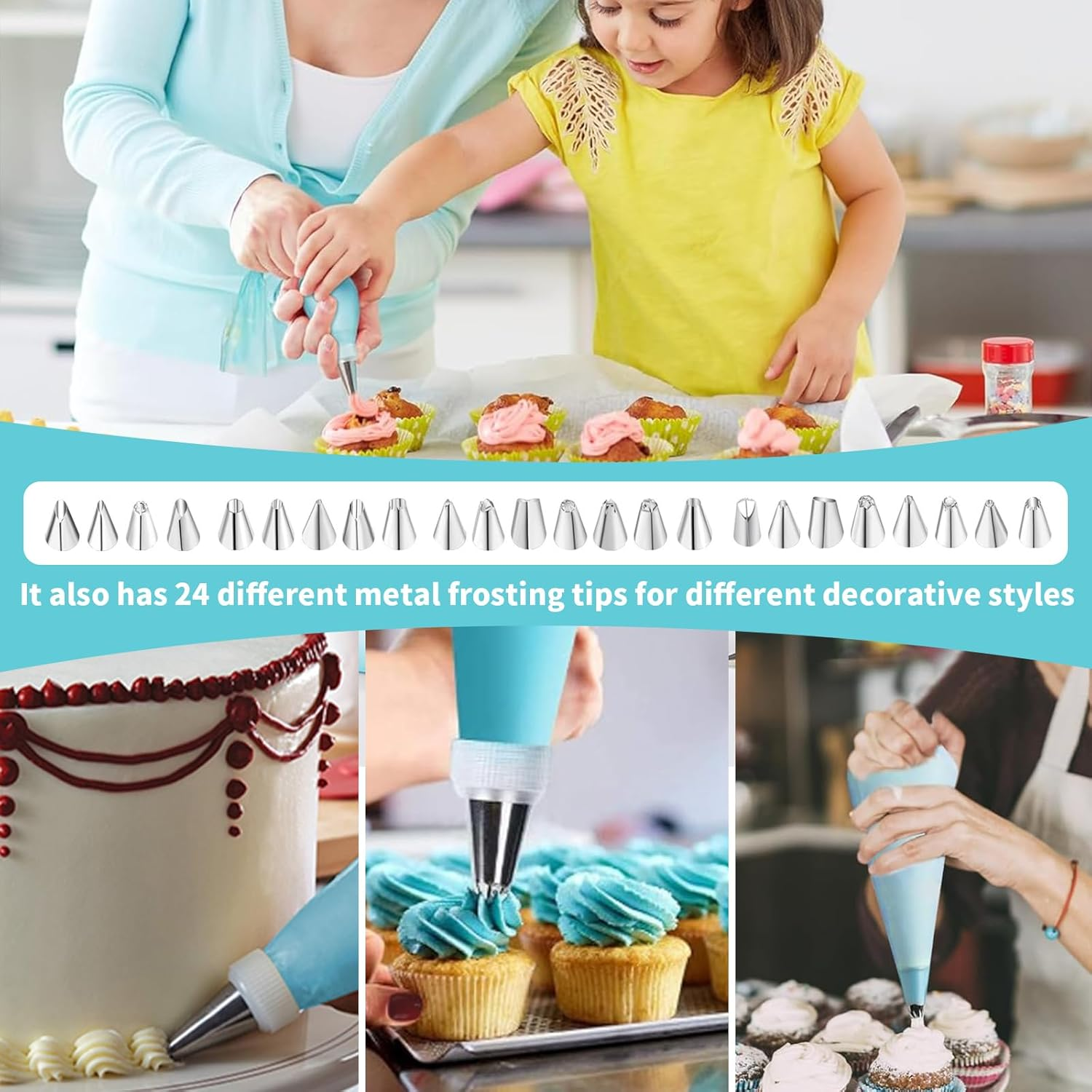 2 Piping Bag+48 Nozzles Tips+2 Converter Set, Stainless Steel Frosting Tips with Reusable Pastry Bag, Cake Decorating Supplies, Icing Piping Kit, DIY Kitchen Tool for Pastry Dough Cookie Cupcake (52) image number 3