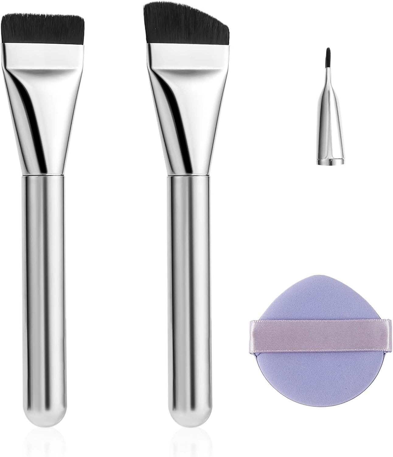 3Pcs Foundation Brush Sets, with Makeup Puff Flat Foundation Angled Small Contoured Makeup Brushes for Blending Liquid Cream Foundation Concealer Applicator Cosmetics Flawless Make up Face Brush Tool