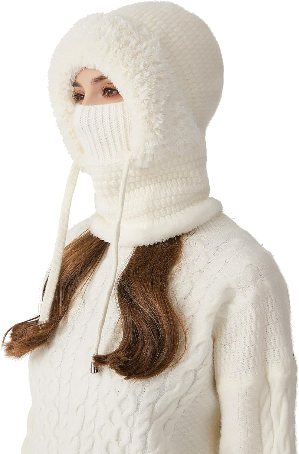 KEOYA Women'S Knit One-Piece Hat with Scarf Elastic Face Mask Fleece Balaclava with Drawstring Winter Warm Ski Beanie Cap image number 1