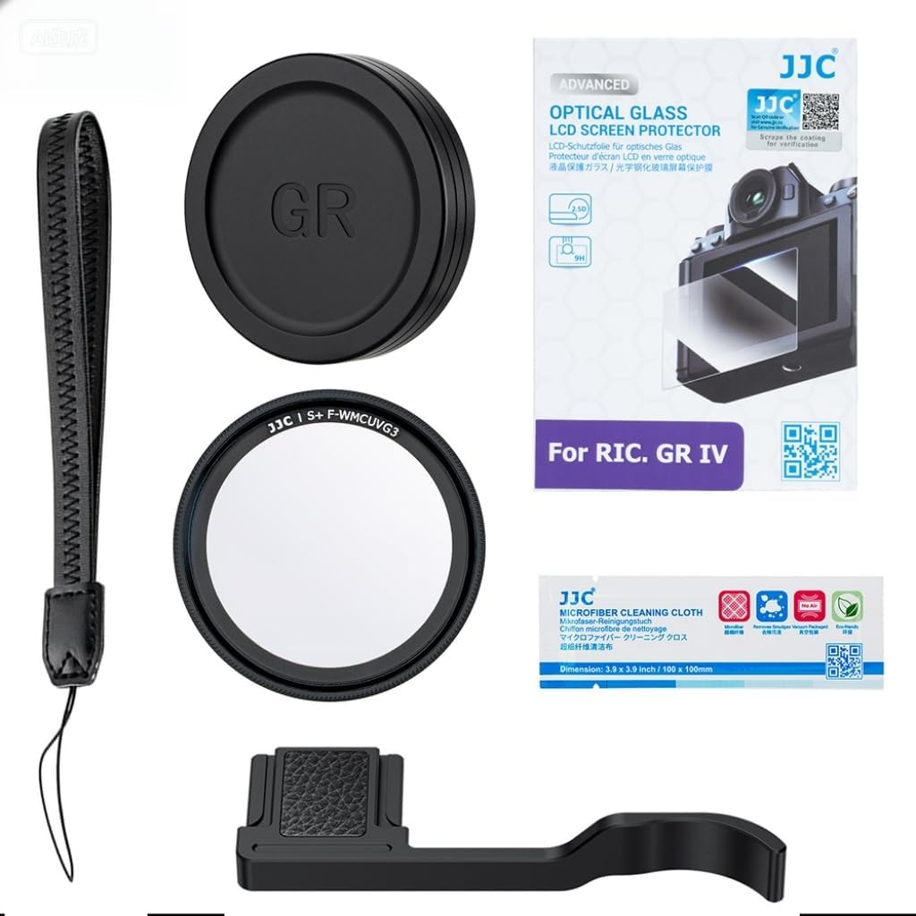 Camera Accessories Kit Includes Camera Lens Cap, Camera Screen Protector, UV Protection Filter, Metal Thumbs up Grip, Compact Camera Wrist Strap and Cleaning Cloths for Ricoh GR IV GRIV GR4