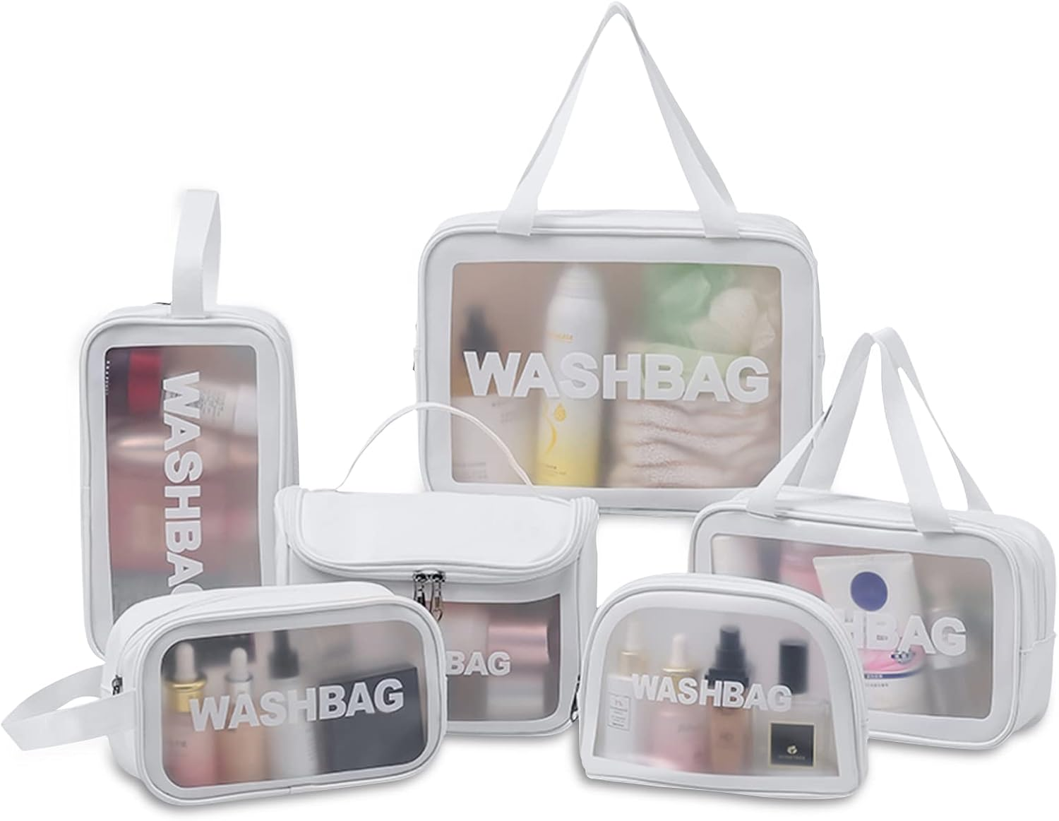DDPOND 6Pcs Clear Travel Toiletry Bag for Women & Men, Cosmetic Bag Airport Airline Compliant Bag Waterproof Vacation Makeup Bag, Bathroom & Shower Travel Organizer, White