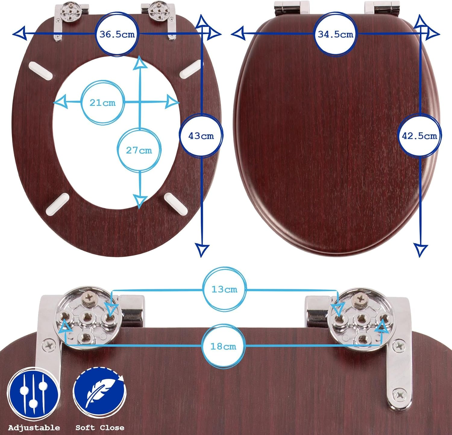 Harbour Housewares Soft Close Toilet Seat - Light Oak - Pack of 1 - Oval-Shaped Wooden Toilet Seat Antibacterial Loo Seat with Universal Chrome Hinges, Fixings & Fittings image number 6