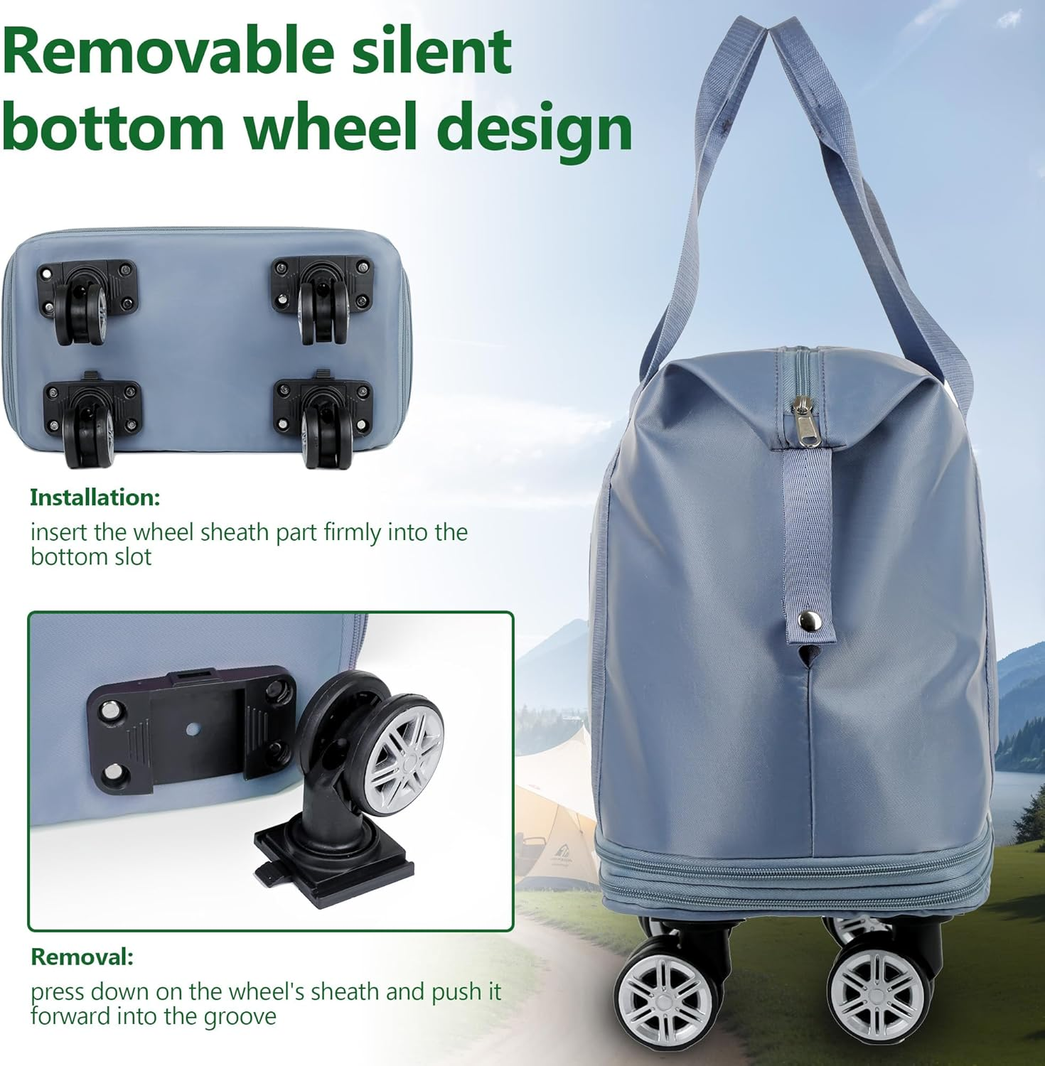 Wymulot Expandable Suitcase, Folding Travel Bag with Wheels, Weekender Travel Bag for Carry-On, Tote Bag with Storage Space，Large Luggage Bag for Business Trips, Camping, Short Trips, Fitness, Misty - Green image number 4