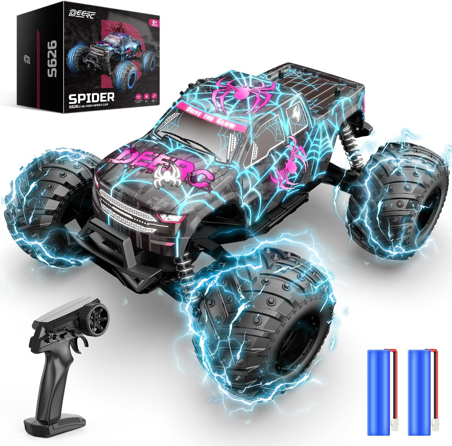DEERC 1/16 Glowing Spider Remote Control Car - 15KM/H Fast RC Cars W/2 Rechargeable Batteries for 30 Mins Play, All Terrain Off-Road Monster Truck Toys for Boys Kids Age 4-7 8-12 image number 6