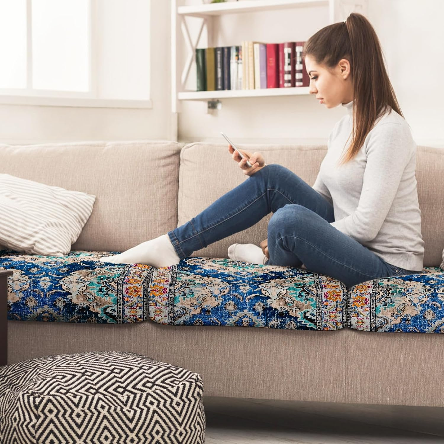 SZXYCZL 3PCS Boho Printed Sofa Cushion Covers, Cute Carpet Pattern Printed Washable Elastic Couch Cover, Indoor and Outdoor Sofa Cover-Dark Blue image number 5