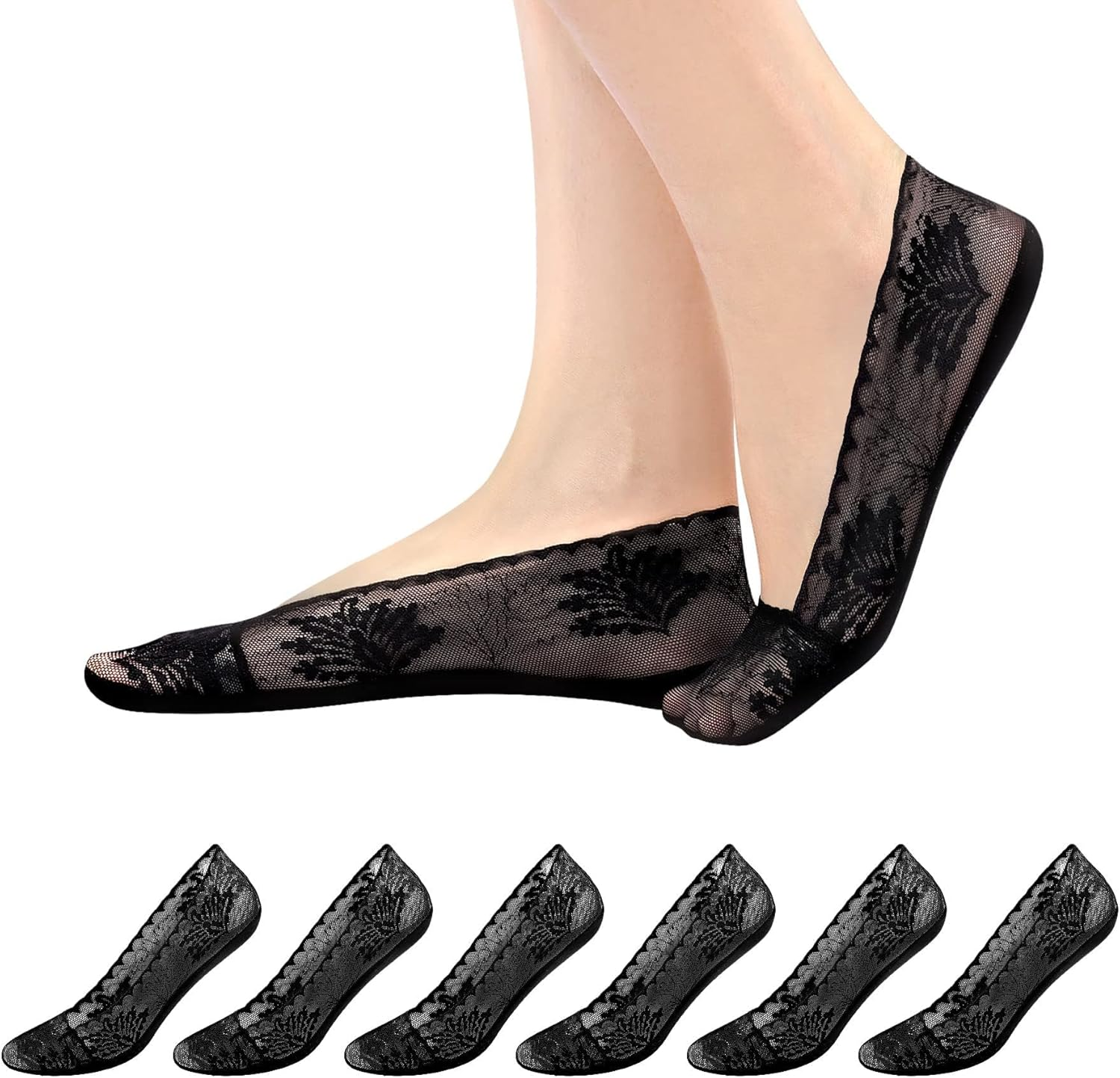 Women No Show Socks - 6 Pairs Non Slip Lace Invisible Socks, Ultra Low Cut Liner Socks Lace Boat Socks for Sneakers High-Heel Shoes