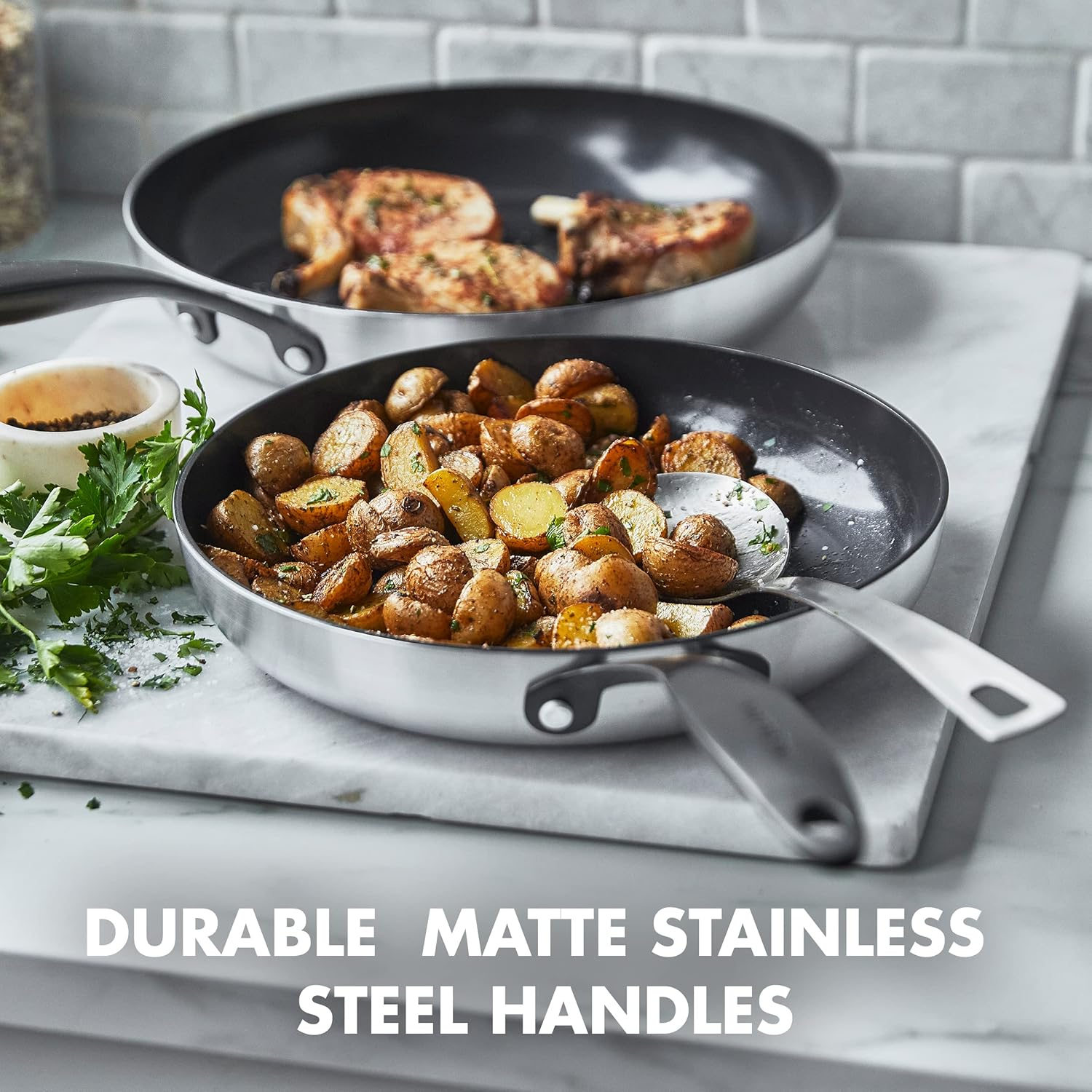 Greenpan Venice Pro Noir Tri-Ply Stainless Steel Healthy Ceramic Nonstick 13 Piece Cookware Pots and Pans Set, Matte Black Handle, Pfas-Free, Multi Clad, Induction, Dishwasher Safe, Oven Safe, Silver image number 6