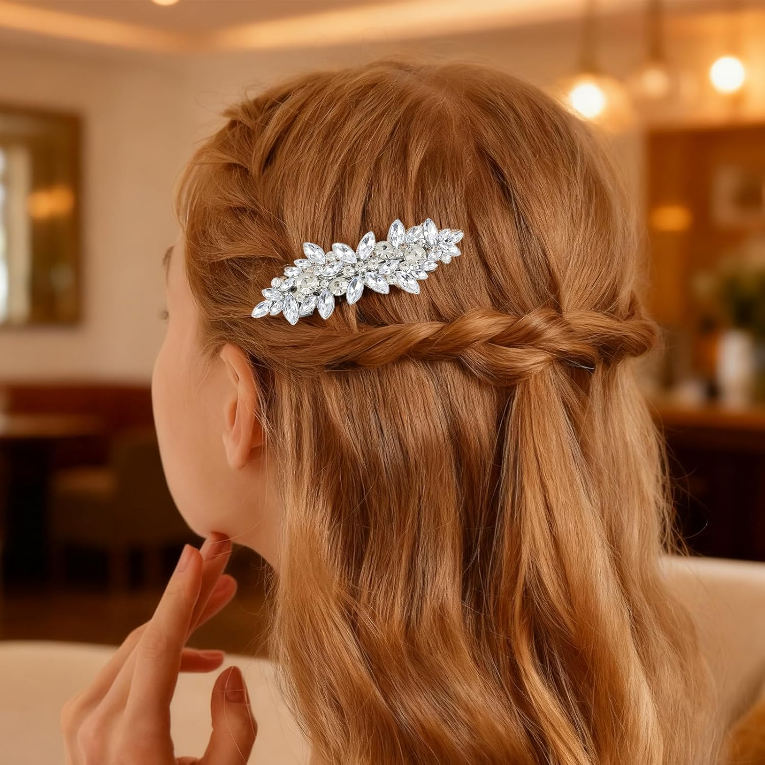 Crystal Elegance Bridal Hair Clip, Silver Rhinestone Wedding Hair Accessory, Sparkling Floral Design Hair Pin for Long Hair image number 5