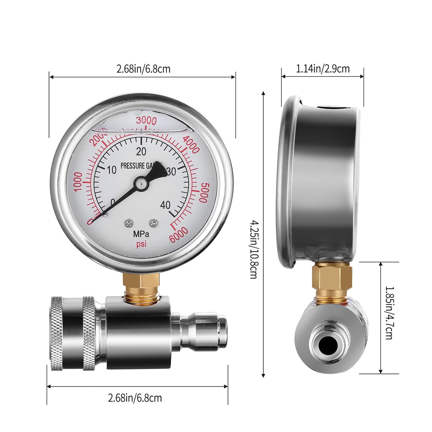 Pressure Washer Gauge, 6000Psi Stainless Steel High Pressure Gauge 3/8In Quick Connect Pressure Washer Parts Accessories for Car Washing Machines, Easy to Install image number 4