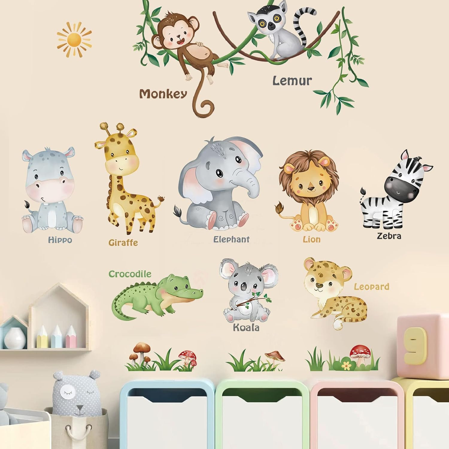 Decalmile Forest Baby Animals Wall Decals Elephant Lion Giraffe Wall Stickers Baby Nursery Kids Room Daycare Wall Decor