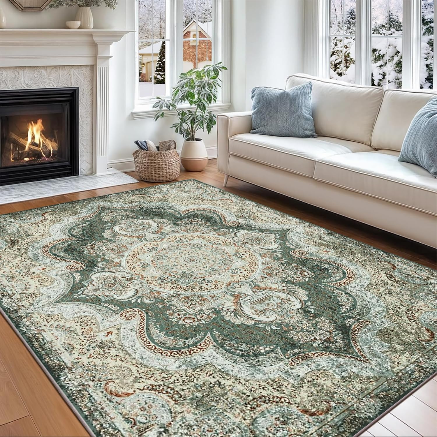 Washable Area Rugs, Soft Low Pile Faux Wool Vintage Carpet Non-Slip Boho Chic Floral Foldable Modern Abstract Large Rug for Living Room Bedroom Kitchen Office Floor Mat (Color 1, 120X180Cm)