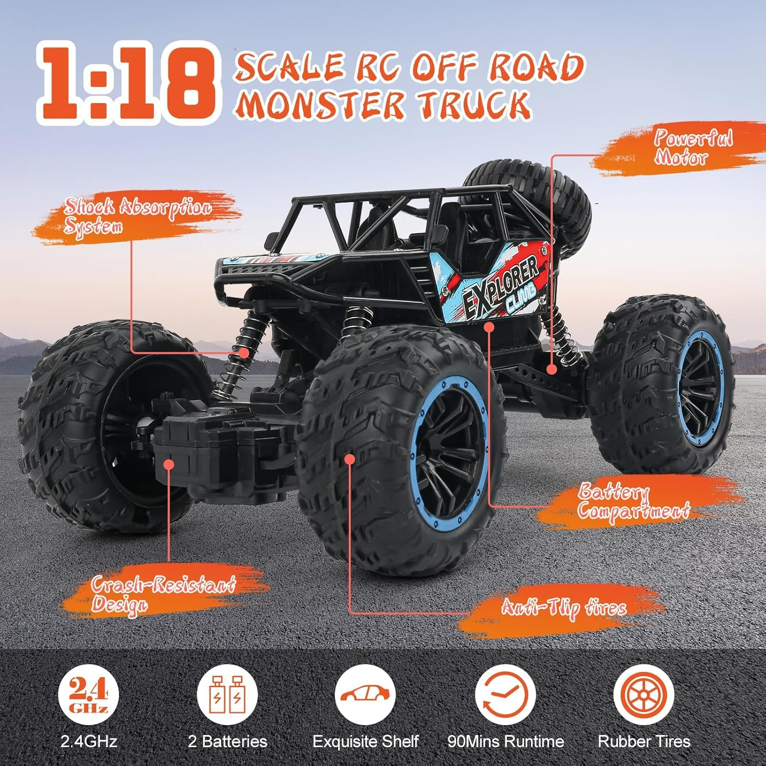 Besswin Remote Control Car,Rc Cars 1:18 Scale, 2.4Ghz off Road Monster Truck with 2 Rechargable Batteries up to 90 Mins Playtime with Shock Absorbers for Kids 3+ Years image number 5