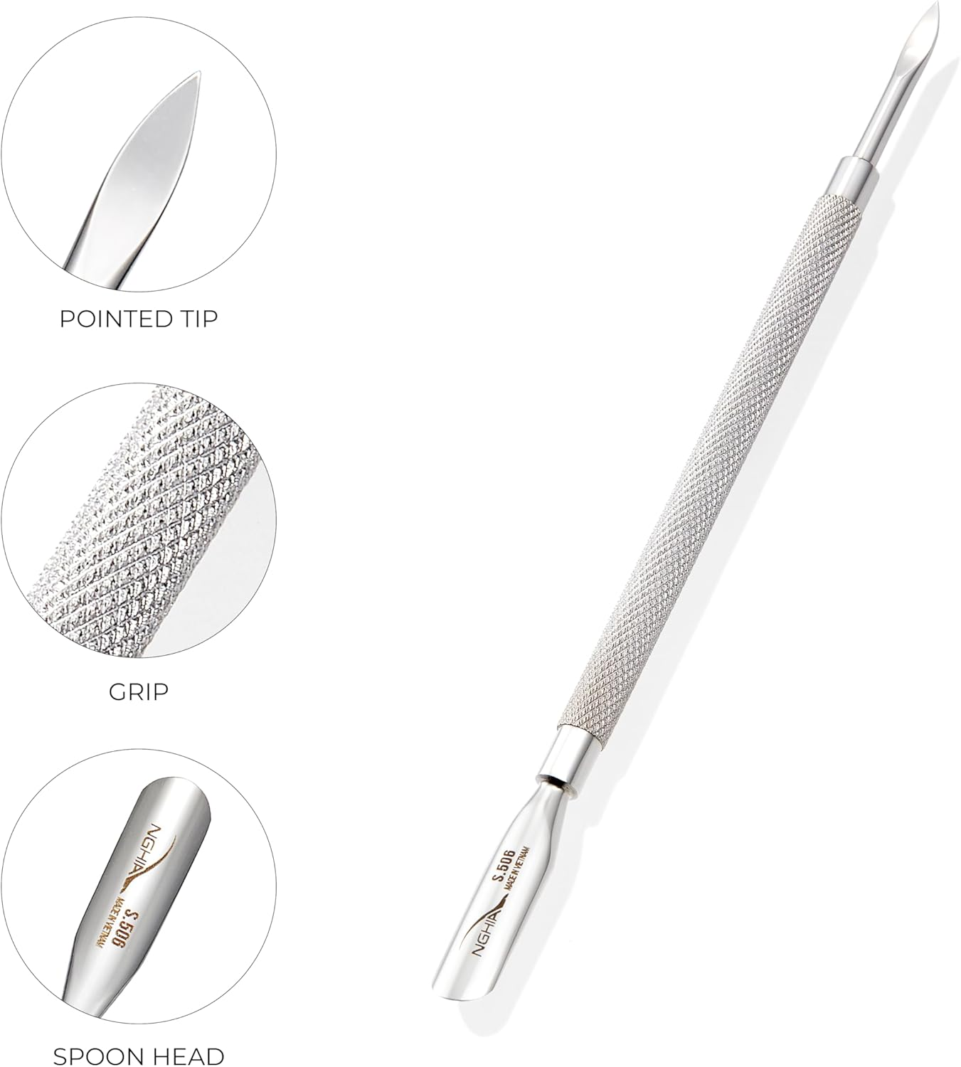 NGHIA - P.03 Stainless Steel Nail Cuticle Pusher Double Ended Spoon & Pointed