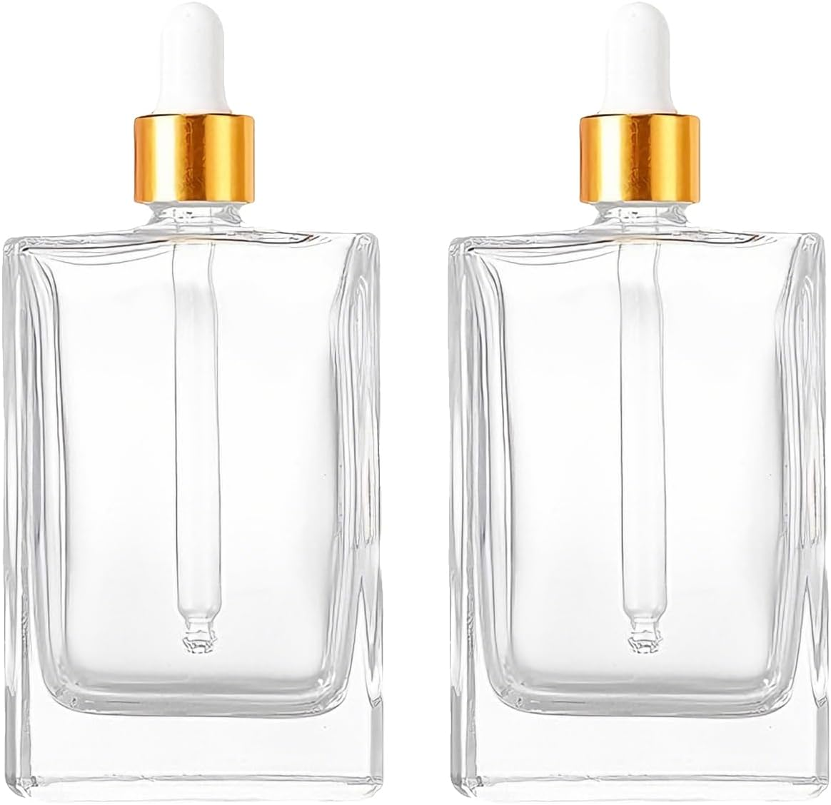 VASANA 2Pcs 50Ml/1.7Oz Empty Clear Square Glass Dropper Bottles with Gold Eye Dropper Refillable Essential Oils Bottles Perfumes Sample Vials Travel Cosmetic Container