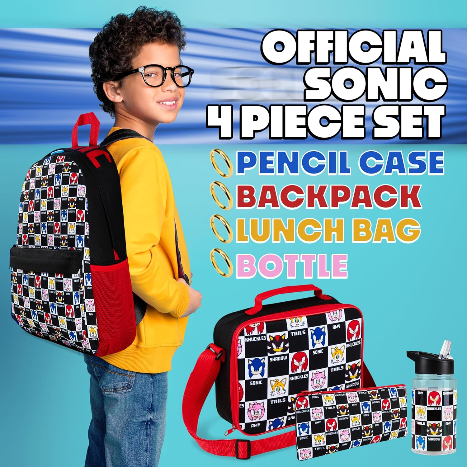 Sonic the Hedgehog Backpack Set 4 Pcs Kids with Water Bottle 400Ml Pencil Case Insulated Lunch Bag Tweens Knuckles Shadow School Supplies Travel image number 5