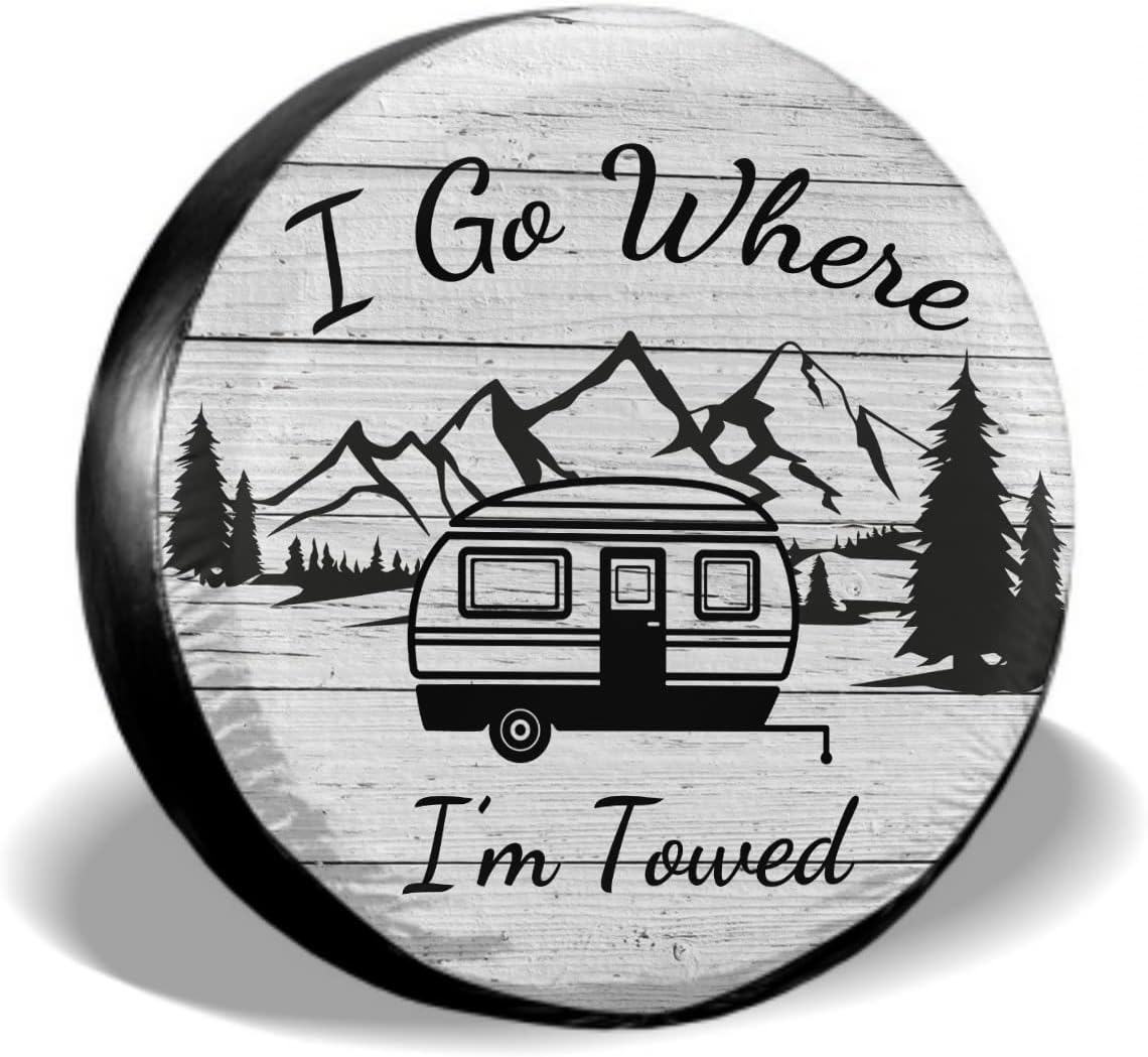 I Go Where I'M Towed Spare Tire Cover Waterproof Dust-Proof Universal 14 Inch Wheel Protectors Camper Spare Tire Cover Fit for RV Trailer Truck Jeep SUV Rav4 Motorhome Travel Trailer Accessories image number 5