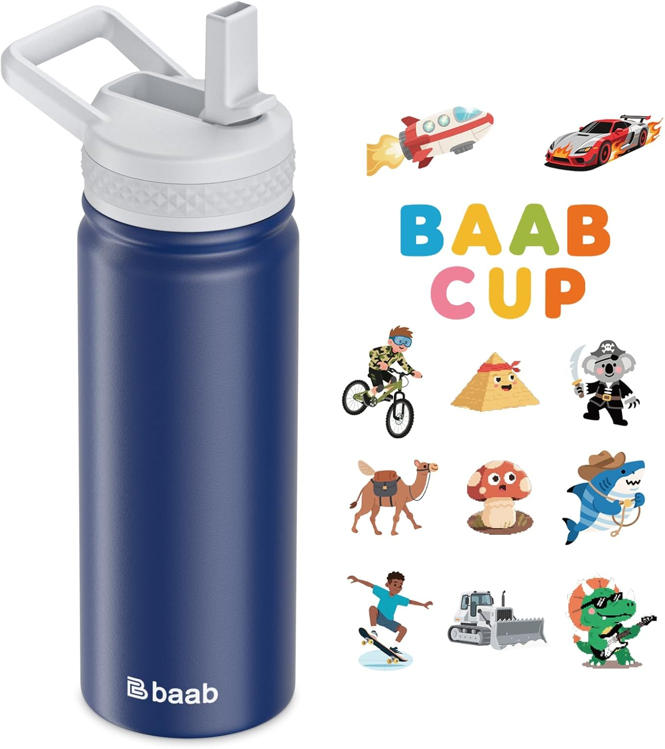 Baab 18Oz Kids Water Bottle, Insulated Water Bottle with Straw & Stickers, 18/8 Stainless Steel Vacuum Leakproof Kids Water Straw Cup for Sports Travel & School (Light Blue, 1 Pack)