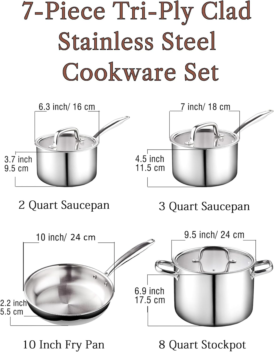 Cook N Home Pots and Pans Stainless Steel Cooking Set 7-Piece, Tri-Ply Clad Kitchen Cookware Set, Dishwasher Safe, Glass Lid, Silver image number 6