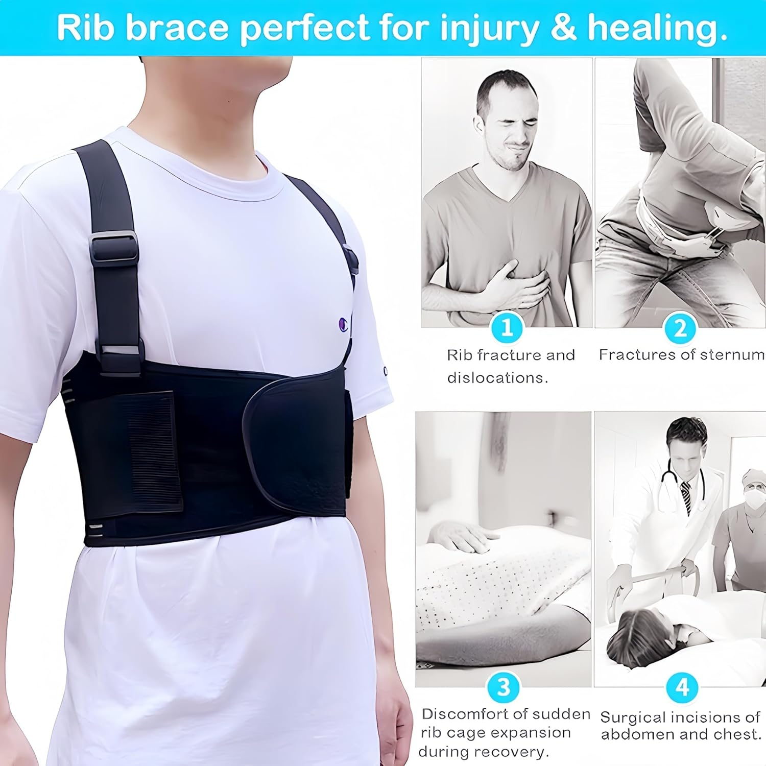 STRONGBERRY Rib Brace for Women & Men - Adjustable Rib Protector Belt for Broken, Bruised Ribs & Sternum Support (XL) image number 6