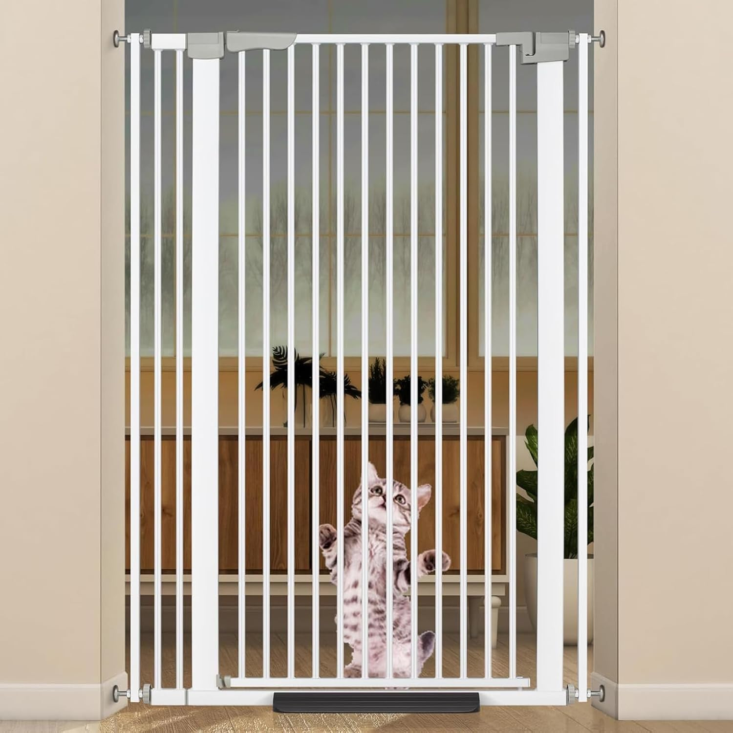 130Cm Tall Walk-Through Pet Gate, Extension 76-104Cm Wide Cat Dog Door for Doorway, Kitchen, No Drilling Pressure Mount Kit, White