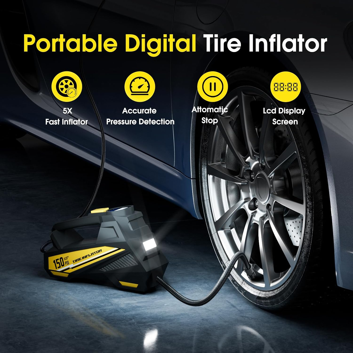 Portable Car Tyre Inflator Air Compressor DC 12V with 150PSI LCD Digital Display and LED Emergency Light, Automatic Tyre Pump image number 5