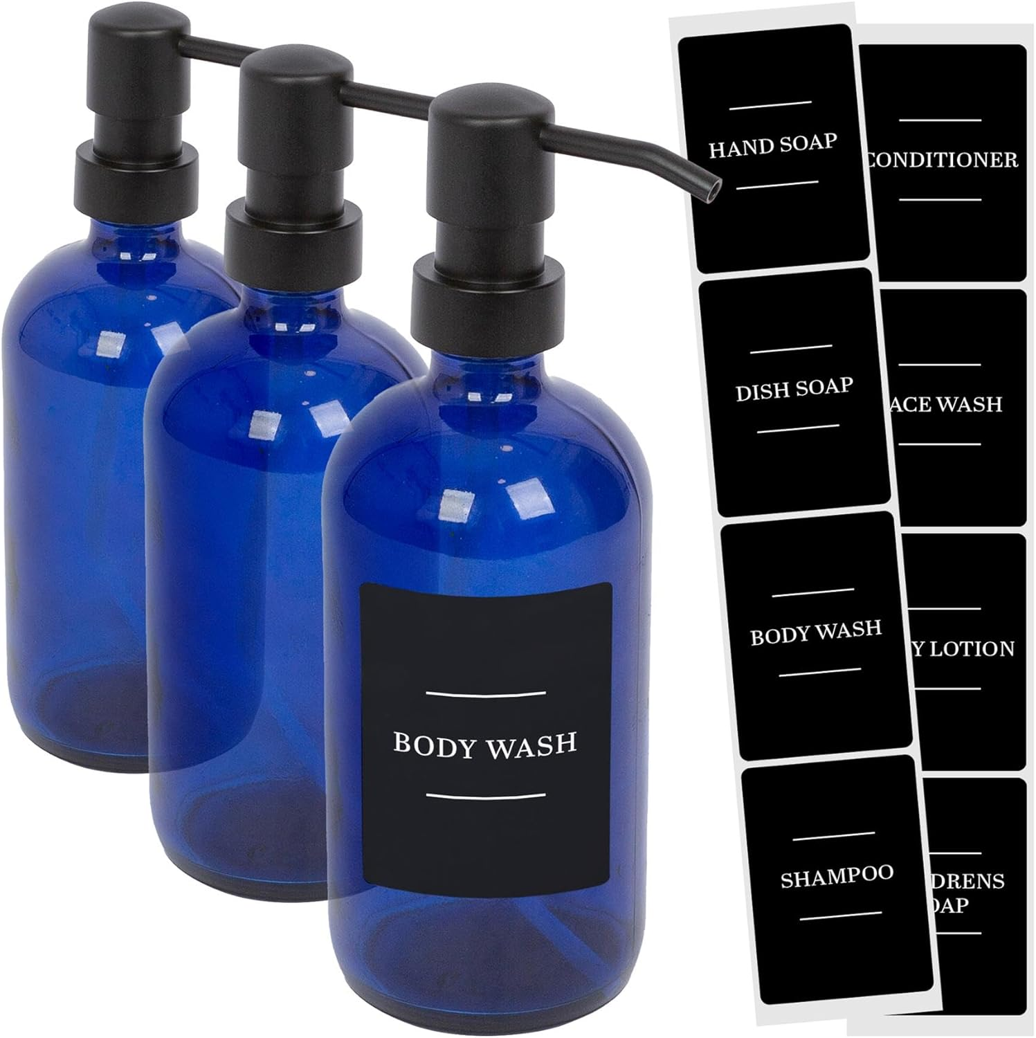 Harbour Housewares Glass Soap Dispensers with Labels - Amber/Black - 3 Pack - 500Ml Refillable Soap Dispensers Hand and Dish Liquid Pump for Bathroom, Kitchen, Laundry Room