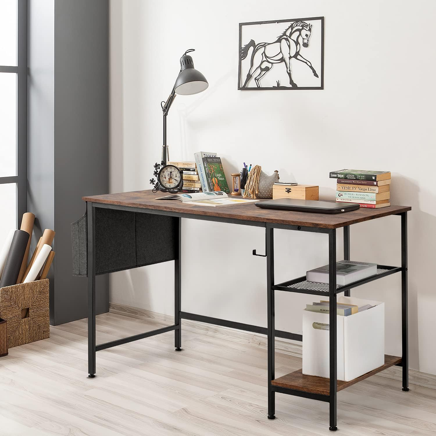 Furmax Home Office Desk 47 Inch Small Study Writing Desk Computer Simple Splice Board Table 2-Tier Laptop Table with Storage Bag and Removable Storage Shelves (Brown) - Brown/Black image number 7