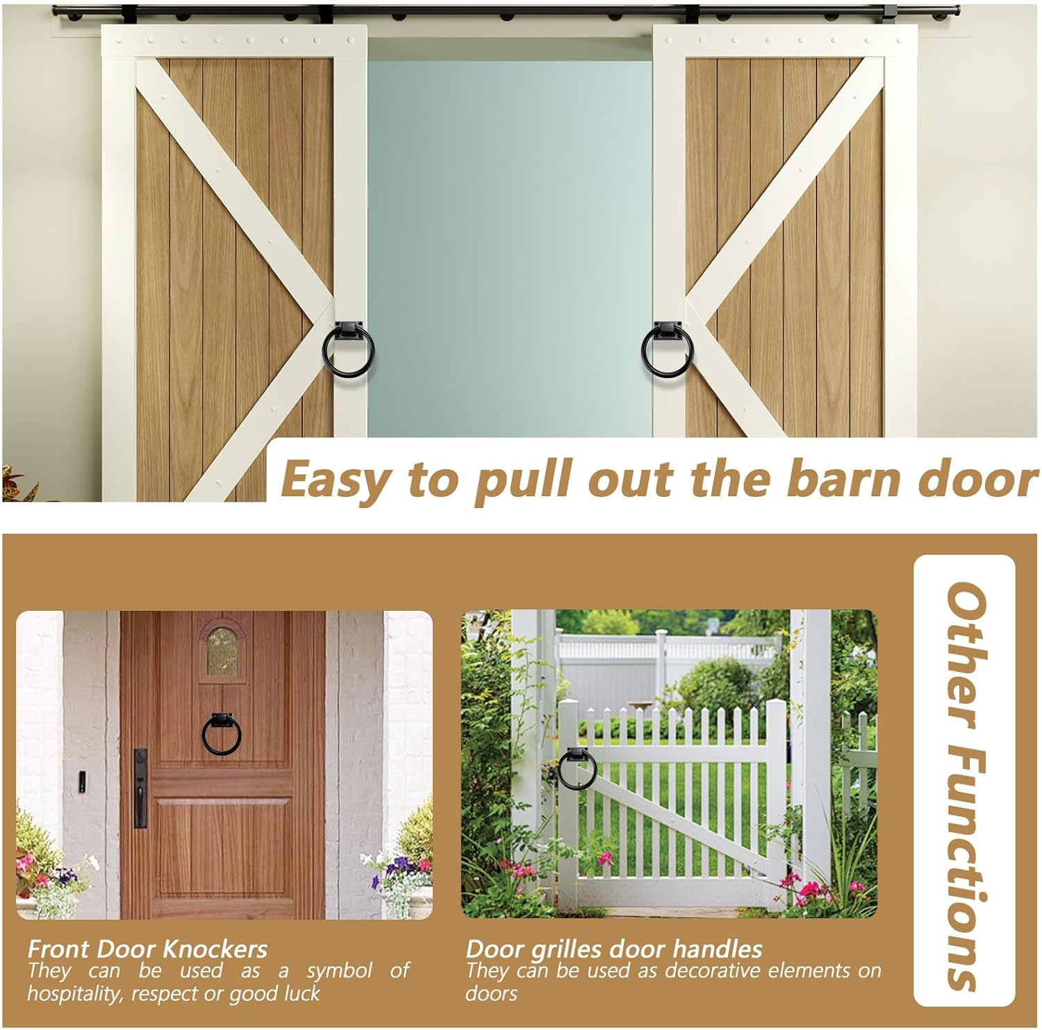 2 Packs 3.8" Black round Ring Door Pull Handle with 8 Screws, Zinc Alloy Sliding Barn Door Handles, Outdoor Garage Gate Handle for Vintage Wooden Sheds Farmhouse Garden Hallway Closets Drawers (2Pcs)