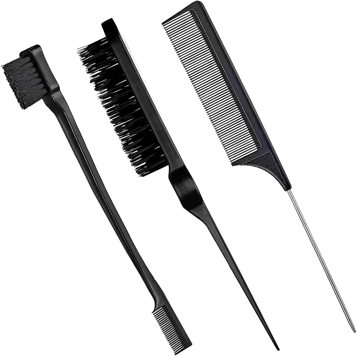 3 Piece Hair Styling Comb Set Teasing Hair Brush Rat Tail Comb Edge Brush for Edge and Back Brushes, Combs, Slicking Hair for Women (Black)