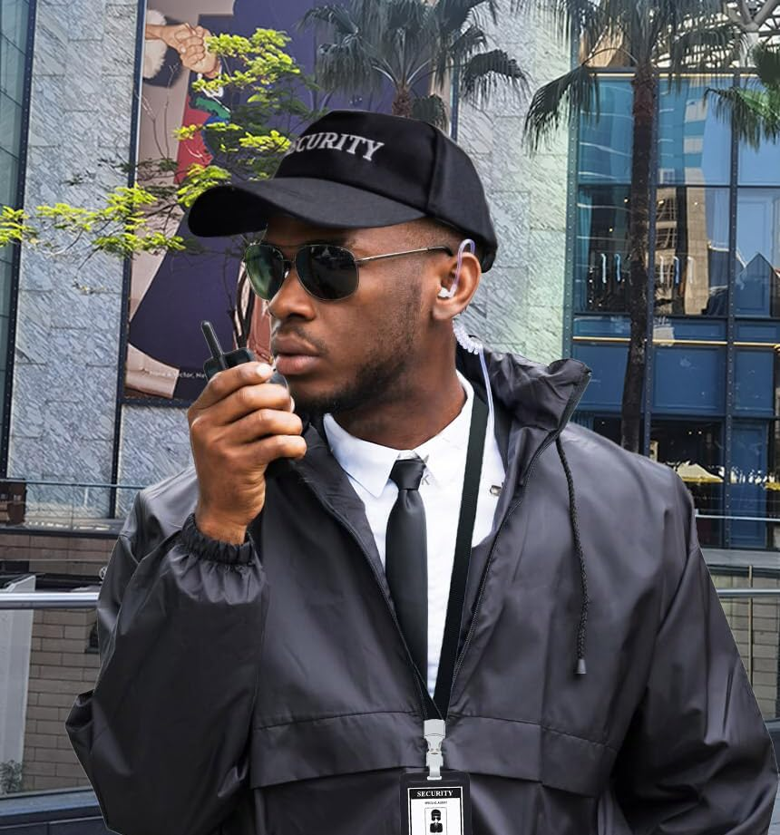 5Pcs Agent Costume Set Secret Security Service Outfit Accessory Kit Includes Adjustable Hat Pretied Zipper Tie Black Sunglasses Earpiece and ID Card for Teens Adults Cosplay Game Halloween Party Gear image number 3