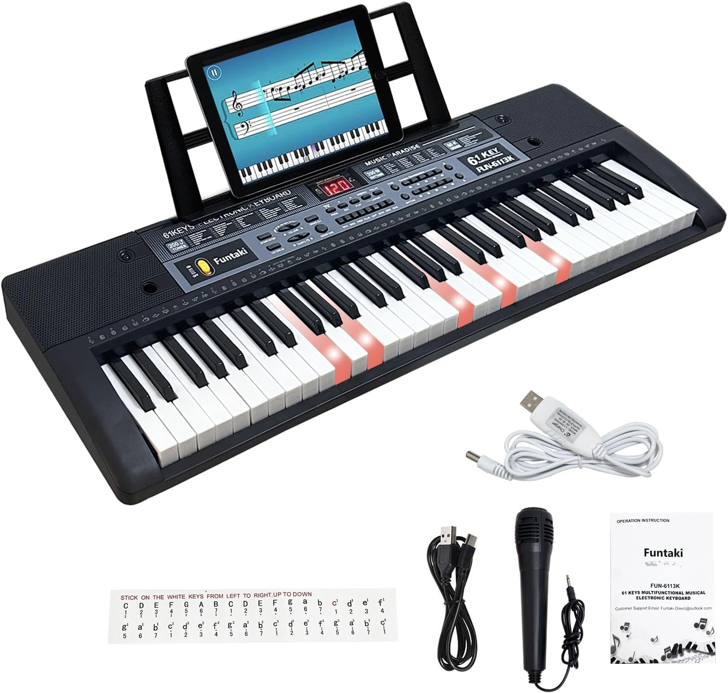 Funtaki 61 Key Electric Piano Keyboard with Lighted Keys, Digital Portable Synthesizer Keyboards with Stand, Mini Music Keyboard Pianos for Beginners Kids Adults, White