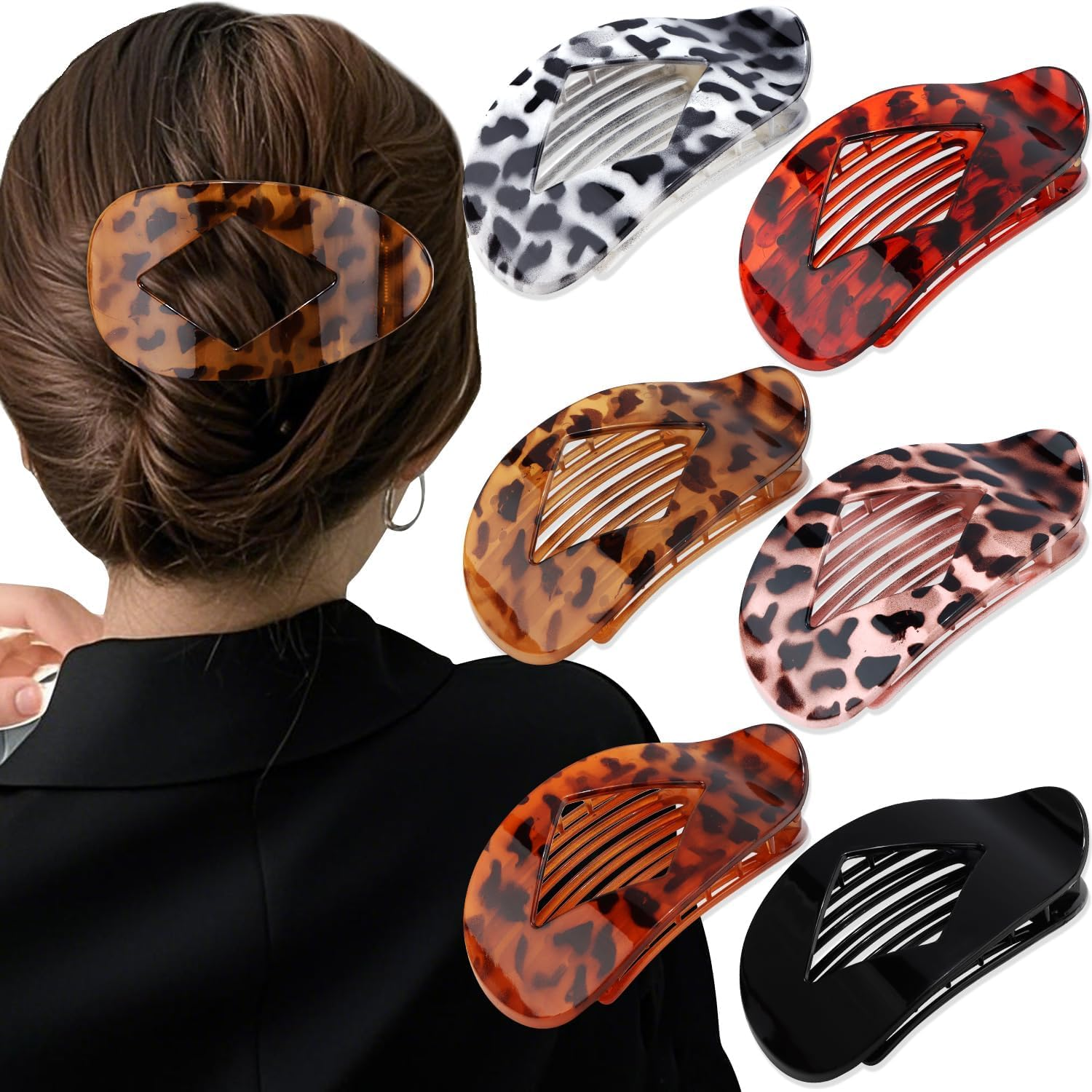 Muorruo 6 Pieces Leopard Print Flat round Hair Clips Oval Claw Clips for Thick Medium Thin Hair Non-Slip Hair Clips with Strong Hold Duck Bill Accessories image number 6
