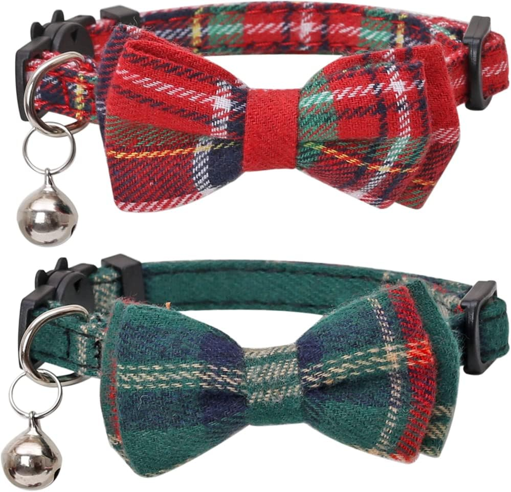 Christmas Cat Collar Breakaway with Cute Removable Bow Tie Bandana and Bell for Kitty Adjustable Safety Plaid