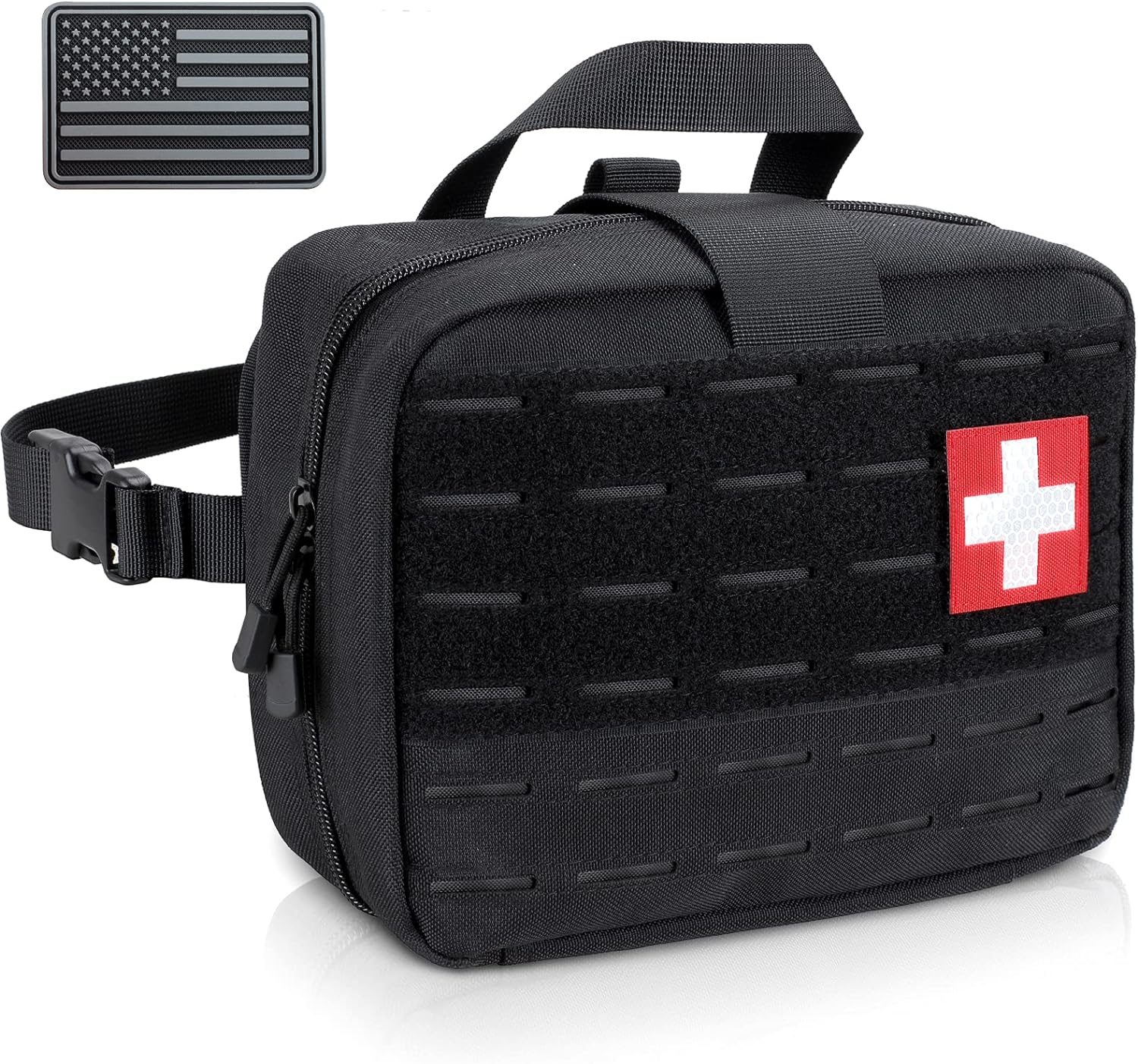 LIVANS Tactical Molle Medical Pouch - Upgraded Size, Large Capacity IFAK Pouch with Detachable Quick Release and Headrest Mount, Includes Flag and Cross Patch