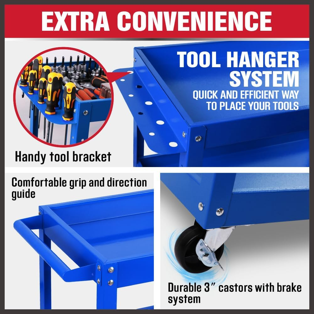 HORUSDY Blue 3-Tier Tool Storage Trolley, Workshop Steel Tool Cart Mechanic Swivel Lockable Wheel with Screwdriver Holder, 150KG Capacity - Red image number 6