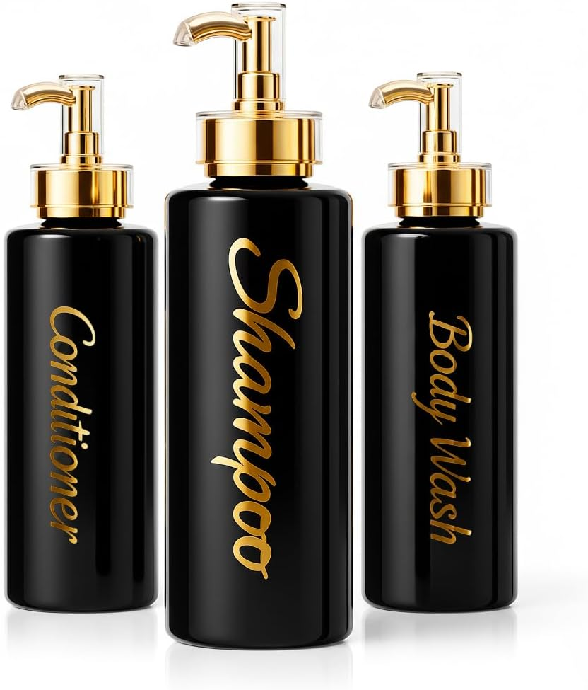 Umadeus Shampoo and Conditioner Dispenser - Essentials Toiletry Bottles - Shower Refillable Shampoo and Body Wash Soap Pump Bottle &ndash; 3X 27Oz Containers - White All Gold 1 Square