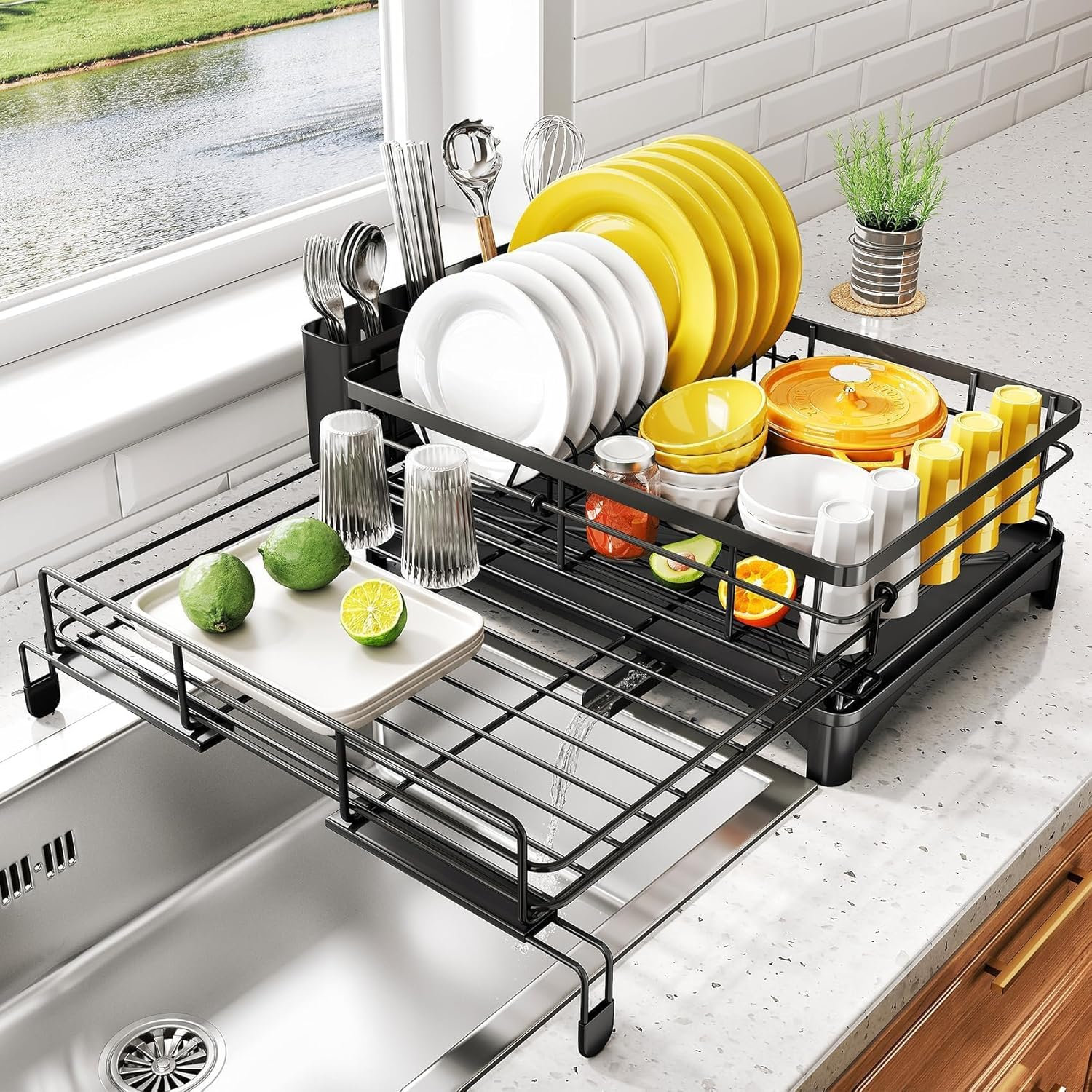 Dish Drying Rack, Extendable Dish Rack, Large Sink Drying Dish Drainer for Kitchen Counter, Carbon Steel Dish Strainer with Utensil Holder,Black