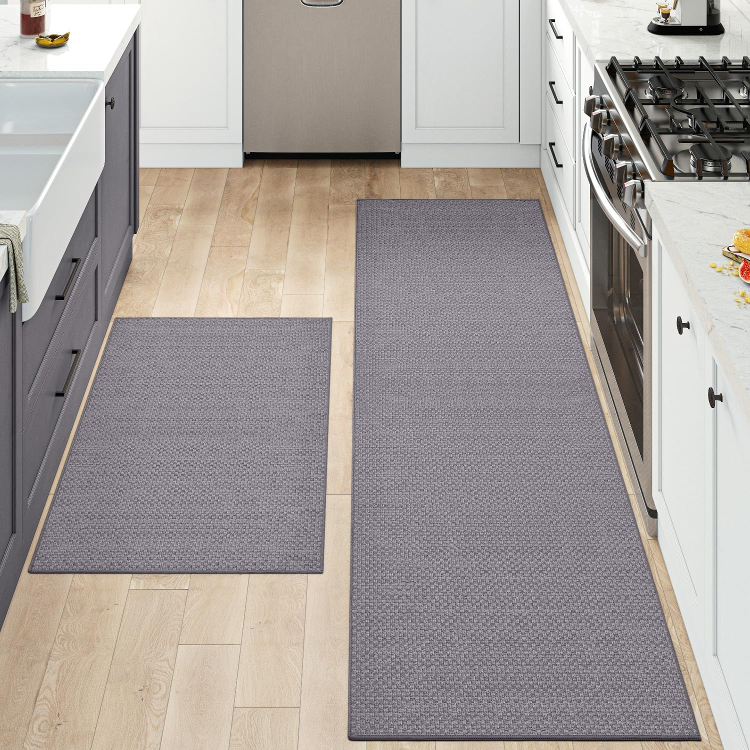 DEXI Kitchen Rugs and Mats for Floor, Non Slip Washable Absorbent Thin Woven Runner Rug for Front of Sink, Laundry Room, Hallway, 43.5X75Cm+43.5X150Cm, Beige
