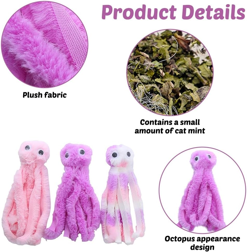 Mioyoow 3PCS Octopus Cat Toys, Interactive Cat Enrichment Toys Accessories, Cartoon Plush Pet Playing Toys with a Little Catnip for Cat Kitten image number 2